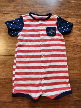 Little Firecracker Striped Baby Romper Outfit Summer- Red White & Blue 18 Months